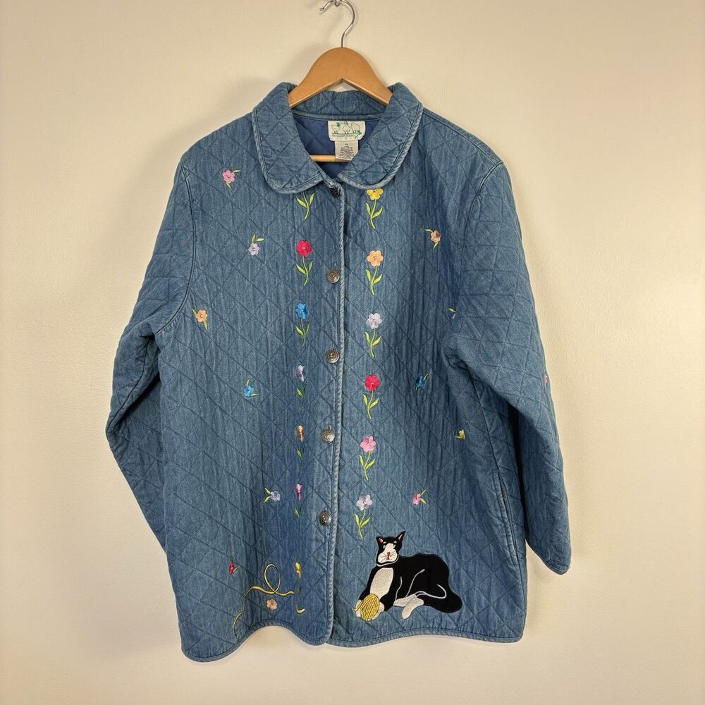 VTG 90s Quacker Factory Quilted Denim Jacket 1X Embroidered Floral Tuxedo Cat
